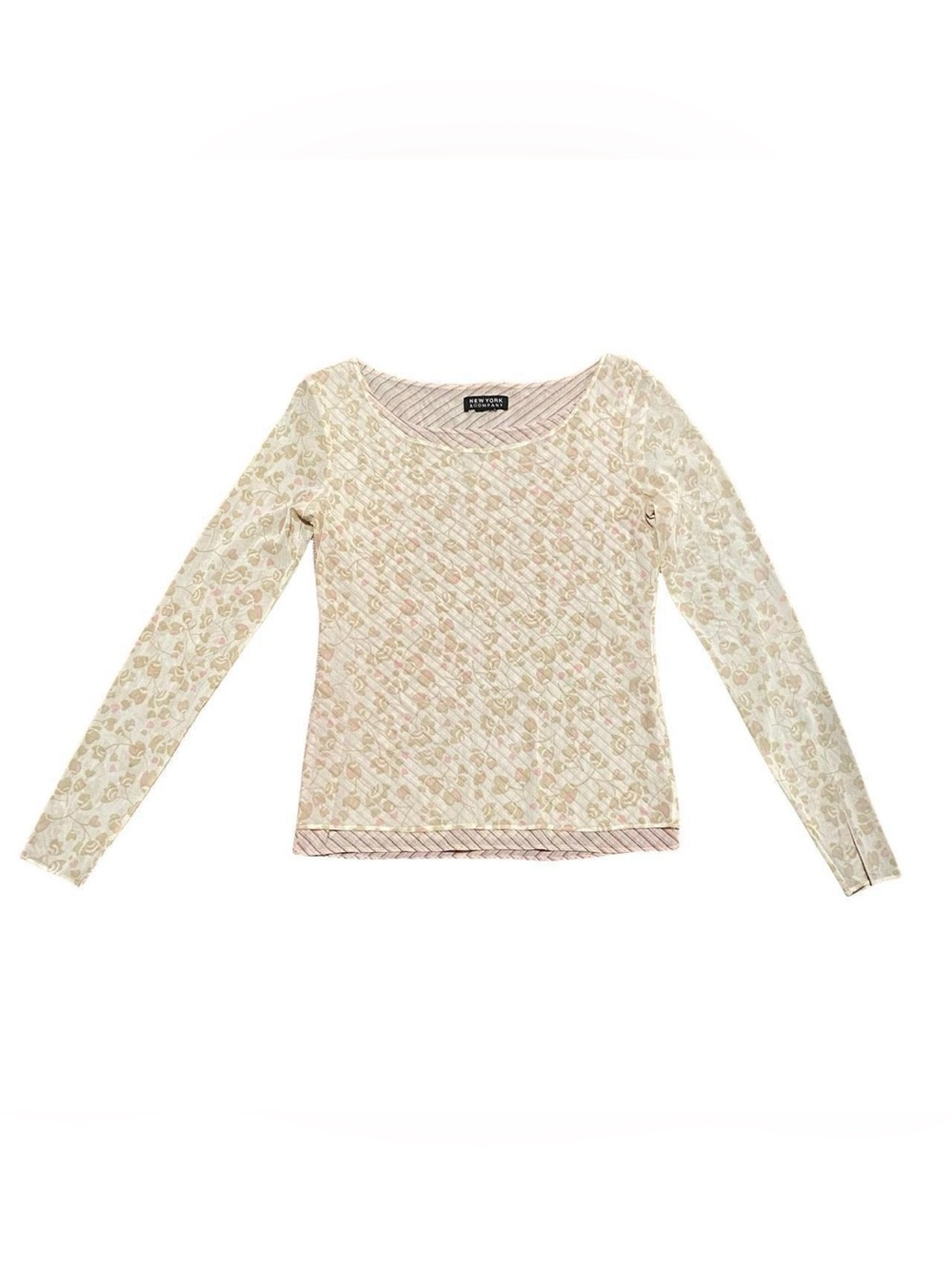 VTG New York & Company Women’s Pink Beige Floral Striped Sheer Mesh Layered Top